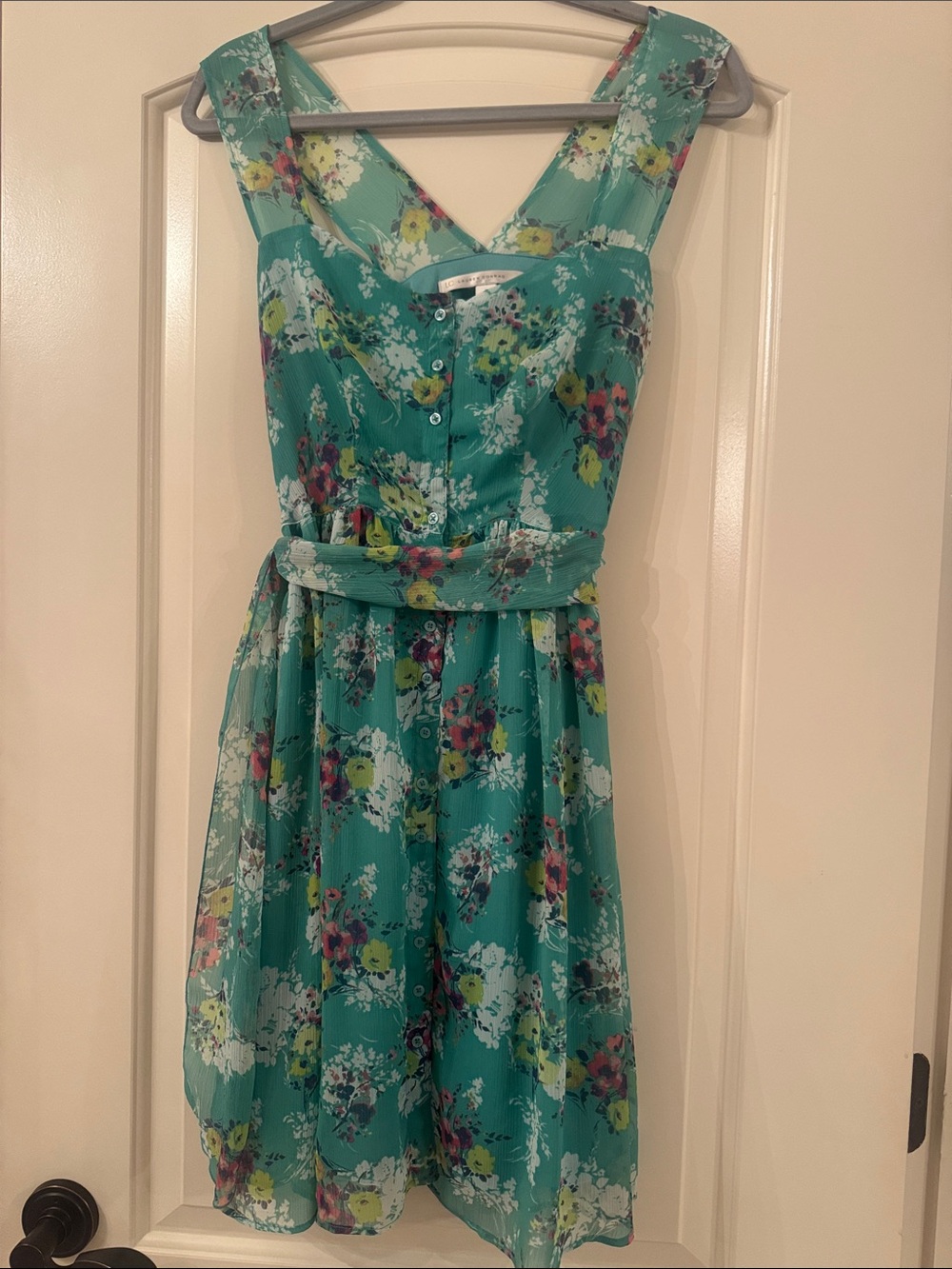 LC Lauren Conrad Turquoise Floral Midi Dress with Tie Waist